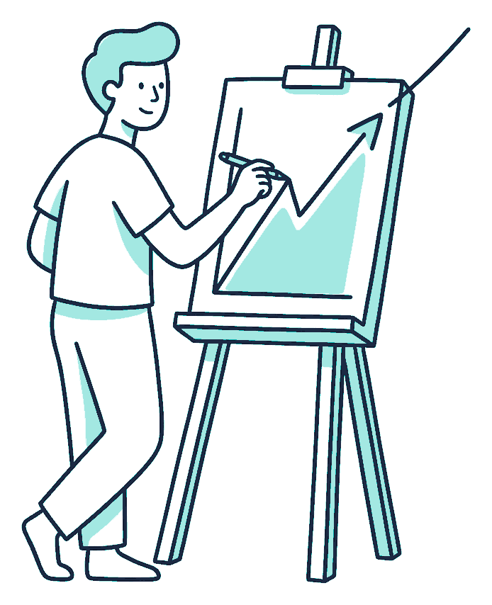 A person at an easel draws a rising line chart, the drawn line continuing off the top corner of the paper