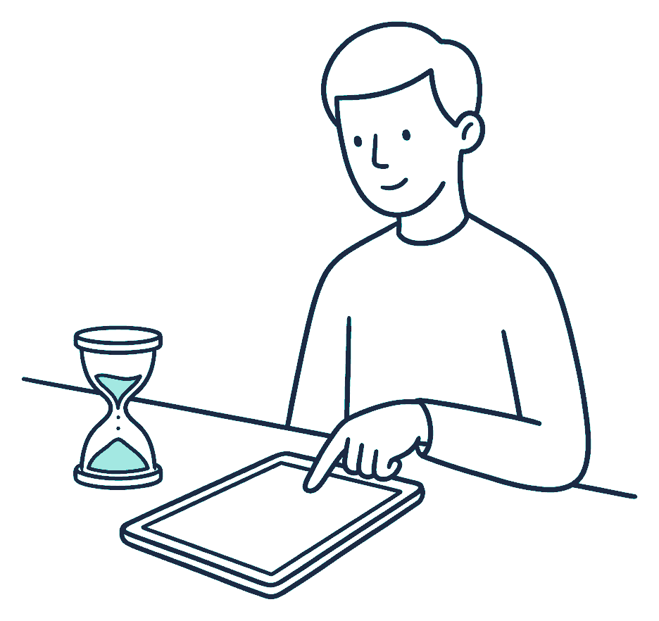 A finger taps a tablet on a desk while an hourglass beside it has almost run through