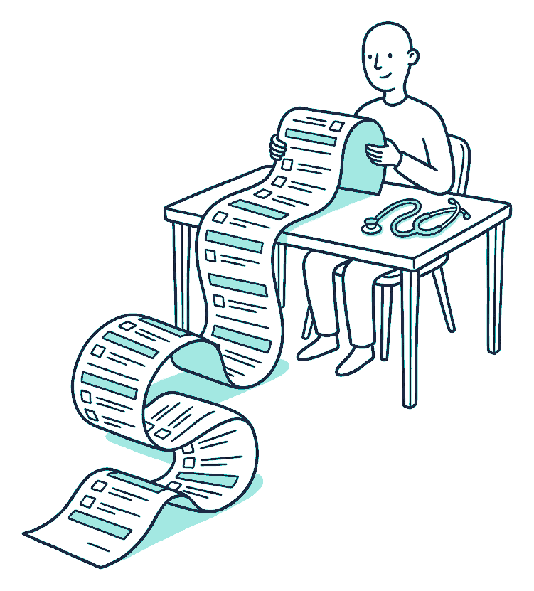A person at a desk unrolls a very long questionnaire that spills onto the floor, a stethoscope lying nearby