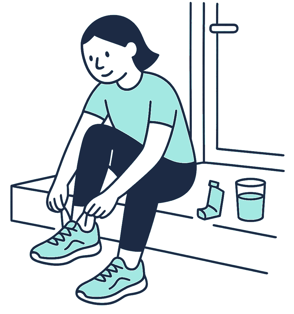 A person laces up running shoes on a porch with a preventer inhaler and a glass of water set on the step beside them