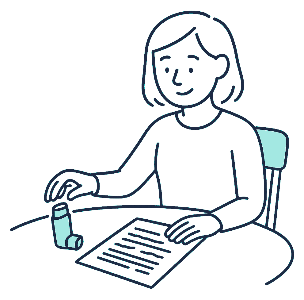 A person sitting at a kitchen table sets down a blue reliever inhaler beside a half-completed insurance application form