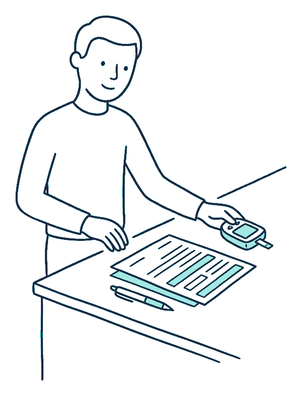 A person at a kitchen bench sets a small glucose meter down beside a half-completed application form and pen