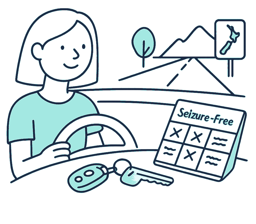 A driver rests car keys on the dashboard beside a small paper diary logging seizure-free dates, a New Zealand road stretching out through the windscreen