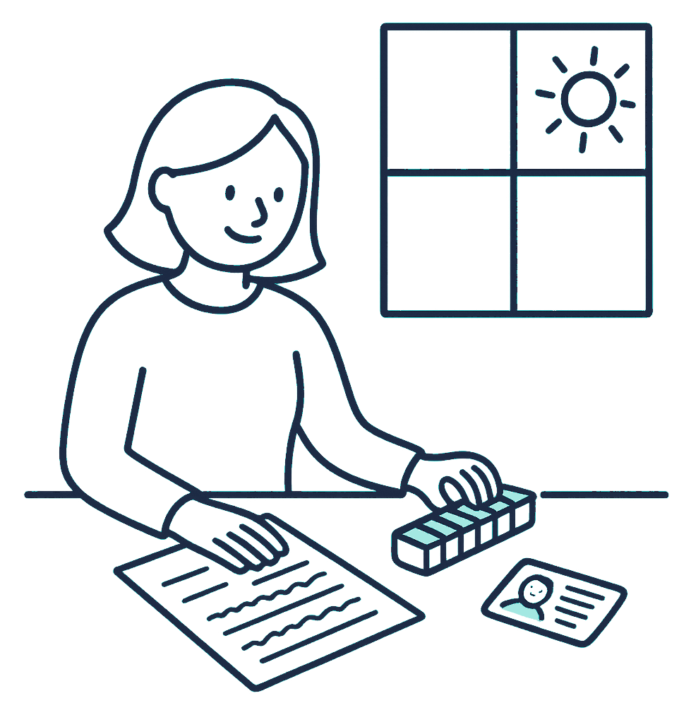 A person at a kitchen table sets down a weekly pill organiser beside a half-completed insurance application form, a driver's licence resting nearby