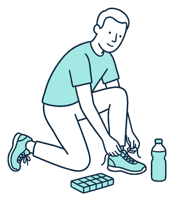 A man laces up walking shoes on a doorstep beside a small pill organiser and water bottle
