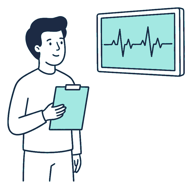 A person holding a clipboard studies a wall-mounted monitor tracing a steady heartbeat line across the screen