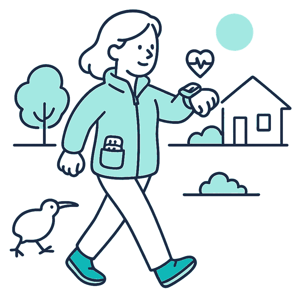 A Kiwi walker in a light jacket checks a smartwatch heart-rate reading on a quiet suburban street at dawn, a small pill organiser visible in a jacket pocket