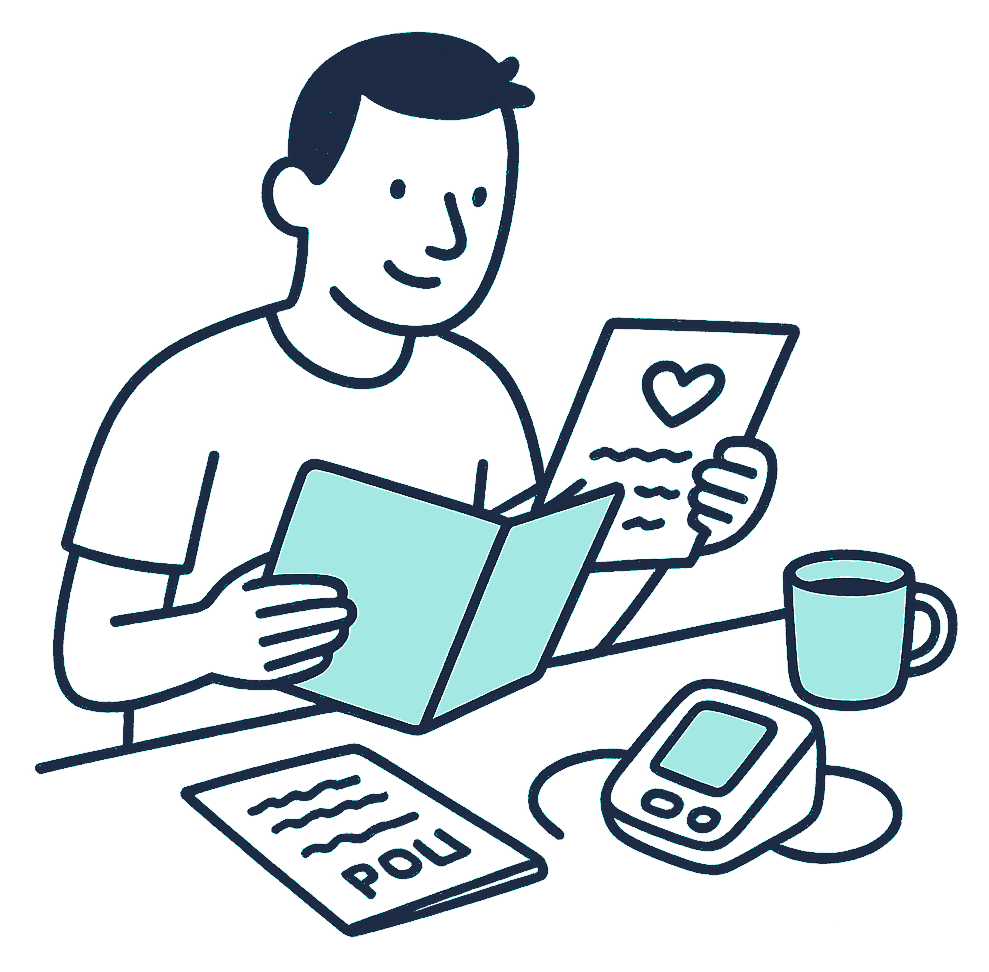 A Kiwi man at his kitchen table cross-references a cardiology discharge letter with an insurance policy folder, a blood pressure monitor resting beside his coffee