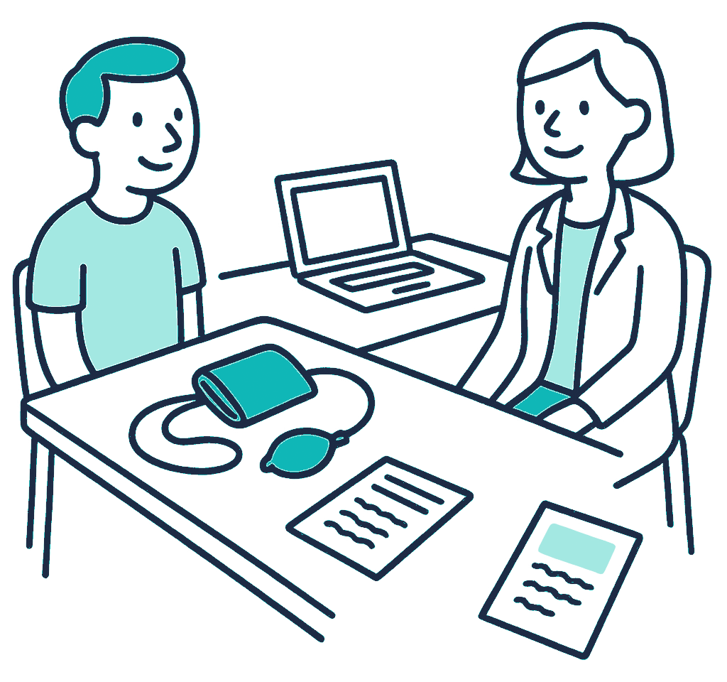 A GP's consulting room with a blood pressure cuff resting on the desk beside a laptop and a patient information leaflet