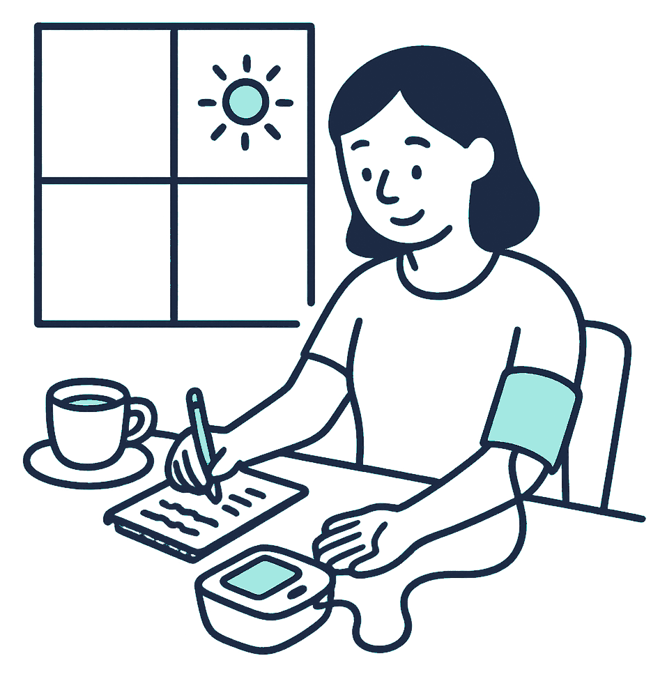 A person sits at a kitchen table beside a home blood pressure monitor, writing the reading into a small notebook next to a cup of tea