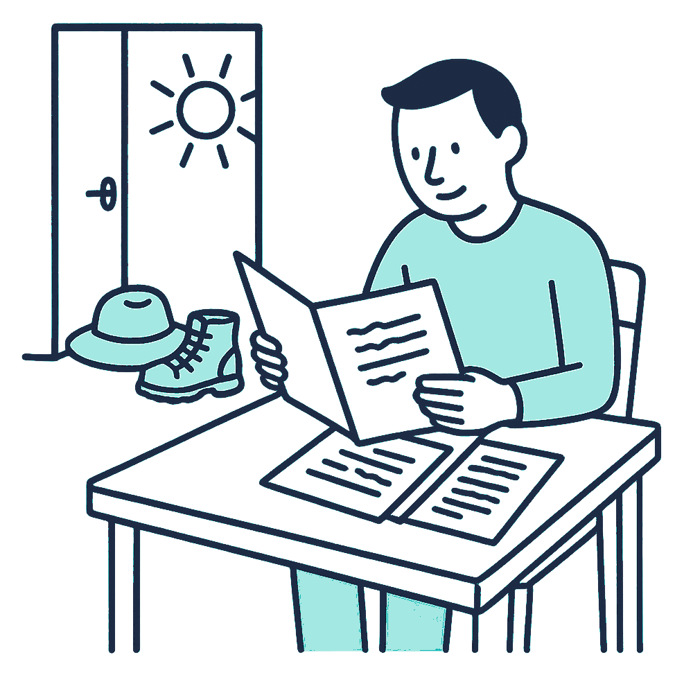 A man at his kitchen table reviews a folder of specialist letters and pathology reports, a sunhat and walking boots resting by the back door beyond him