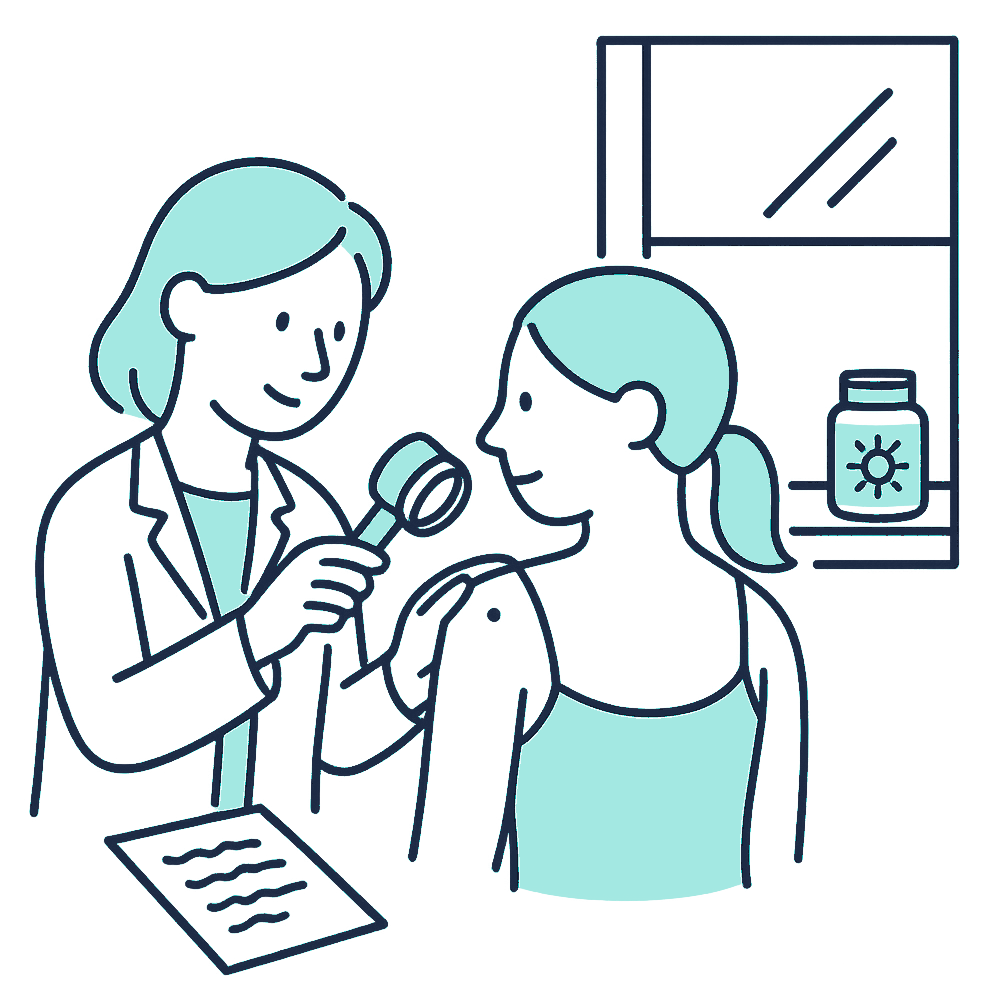 A dermatologist leans in with a handheld dermatoscope to examine a mole on a patient's shoulder in a sunlit clinic room, a jar of sunscreen on the windowsill