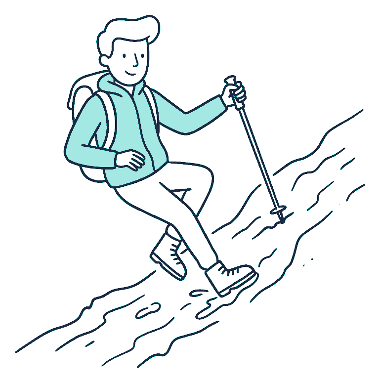 A hiker slips on a steep muddy track, one boot sliding, a trekking pole jabbed into the slope