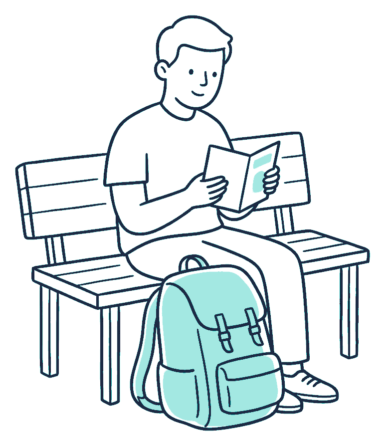 A backpacker sits on a bench with a large pack at their feet, studying a passport