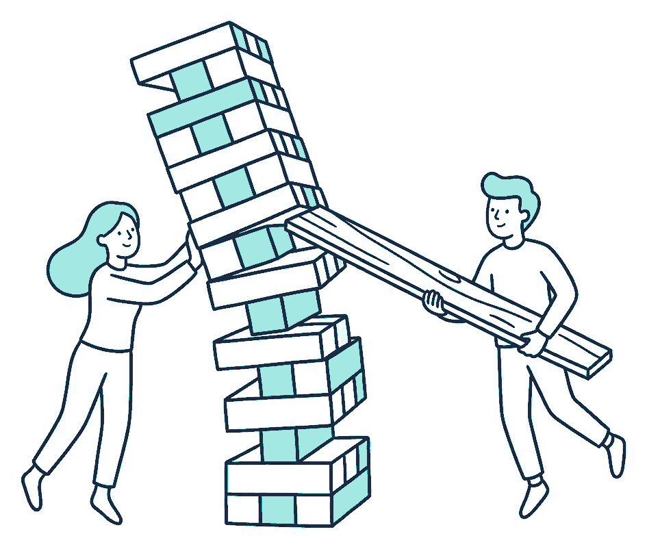 A tall tower of blocks leans sideways while two people brace it with a long plank