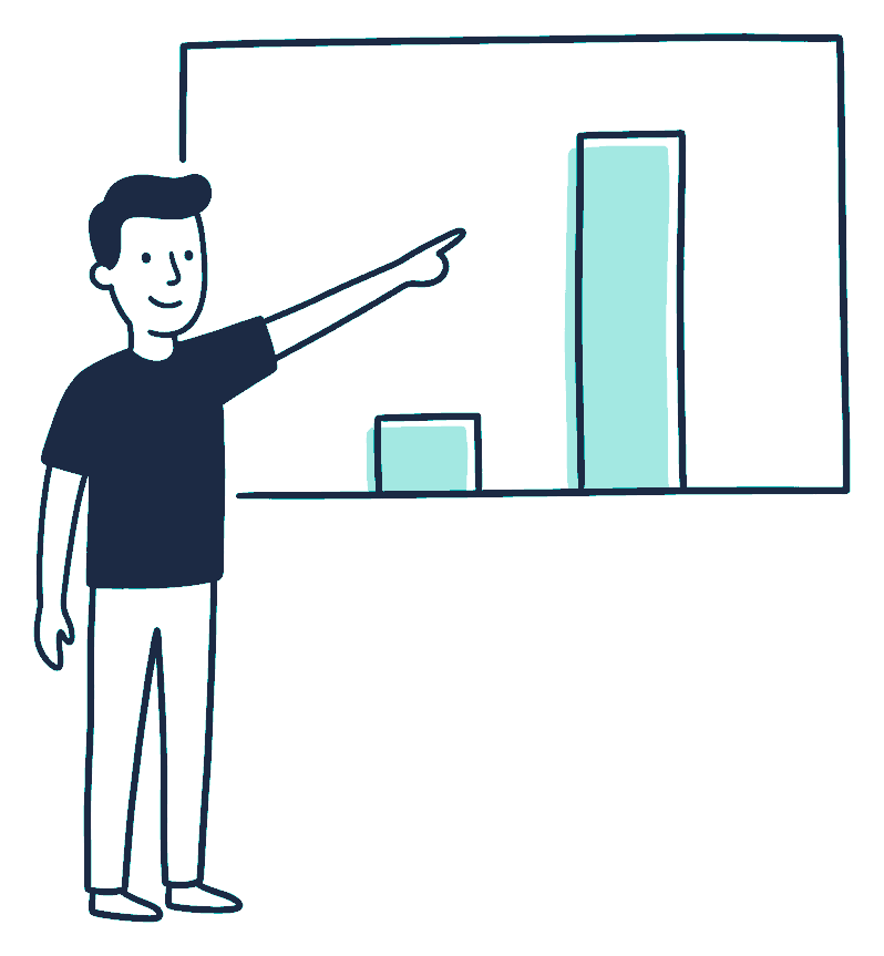 A man points at two bar columns drawn on a board, one short and one many times taller