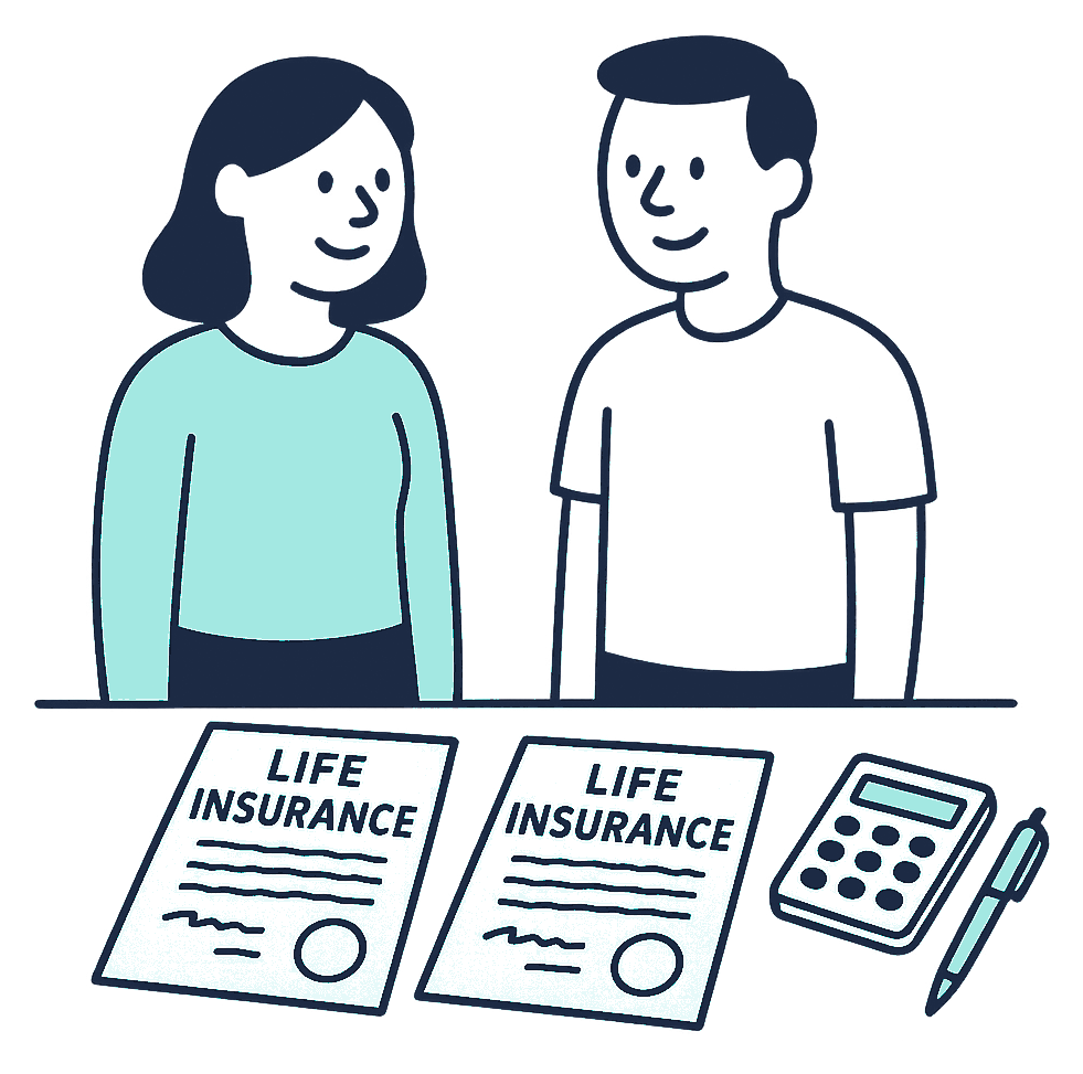Two life insurance certificates on a kitchen table, each stamped with a different name, beside a single calculator and pen