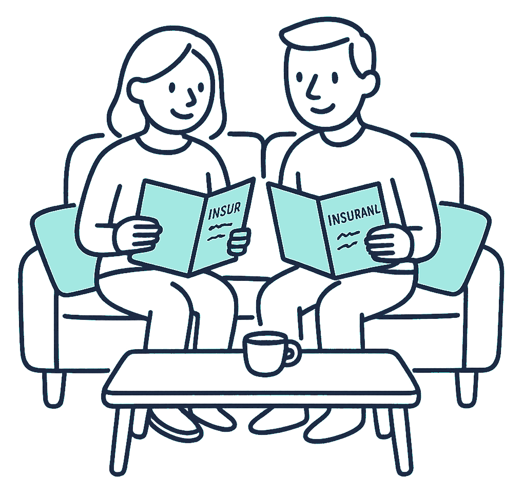 A couple sit side by side on a sofa, each holding an identical insurance folder open on their lap, with one shared cup of tea on the low table between them