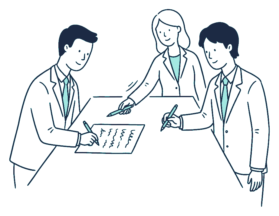 Two business partners sign a form covered in squiggly scribble lines as an adviser slides a pen across the table