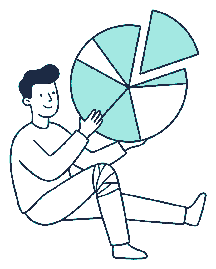 A seated person with a bandaged knee holds up a large pie chart with one wedge lifted clear of the rest