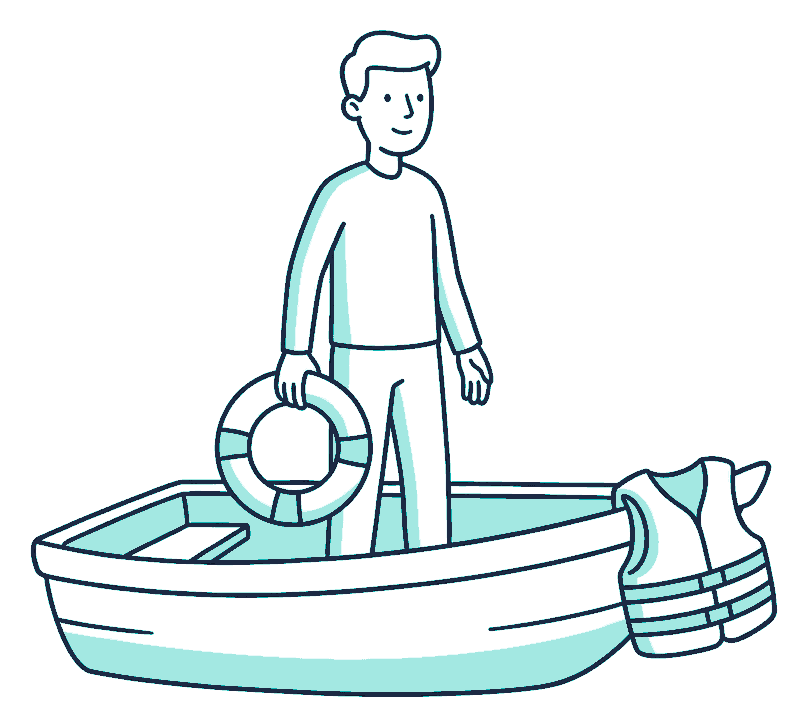 A person stands in a small dinghy holding a life ring in one hand while a lifejacket hangs on the bow
