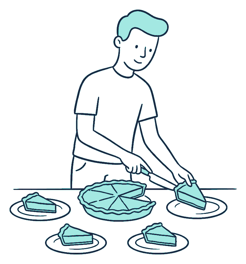 A person cuts a round pie into uneven wedges and slides each wedge onto a separate plate