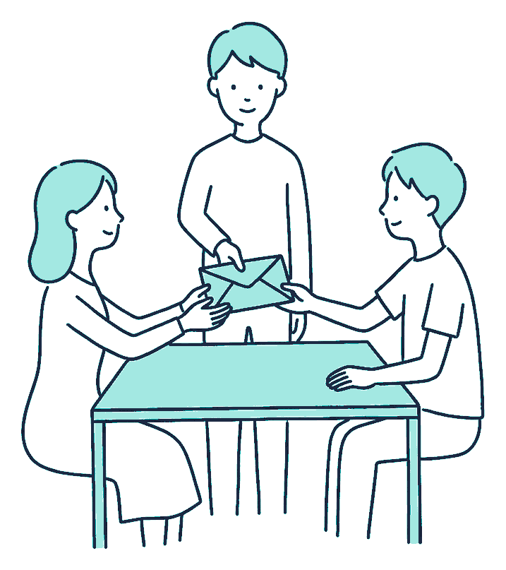 A person hands a sealed envelope across a kitchen table to two seated family members who reach out together to take it