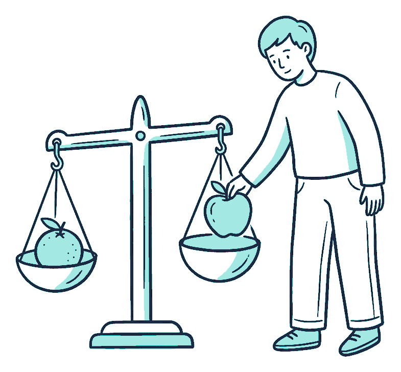 Someone sets an apple on one pan of a balance scale and an orange on the other