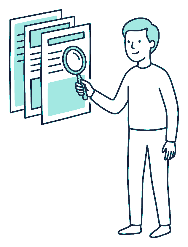 A person holding a magnifying glass to the middle of three policy documents