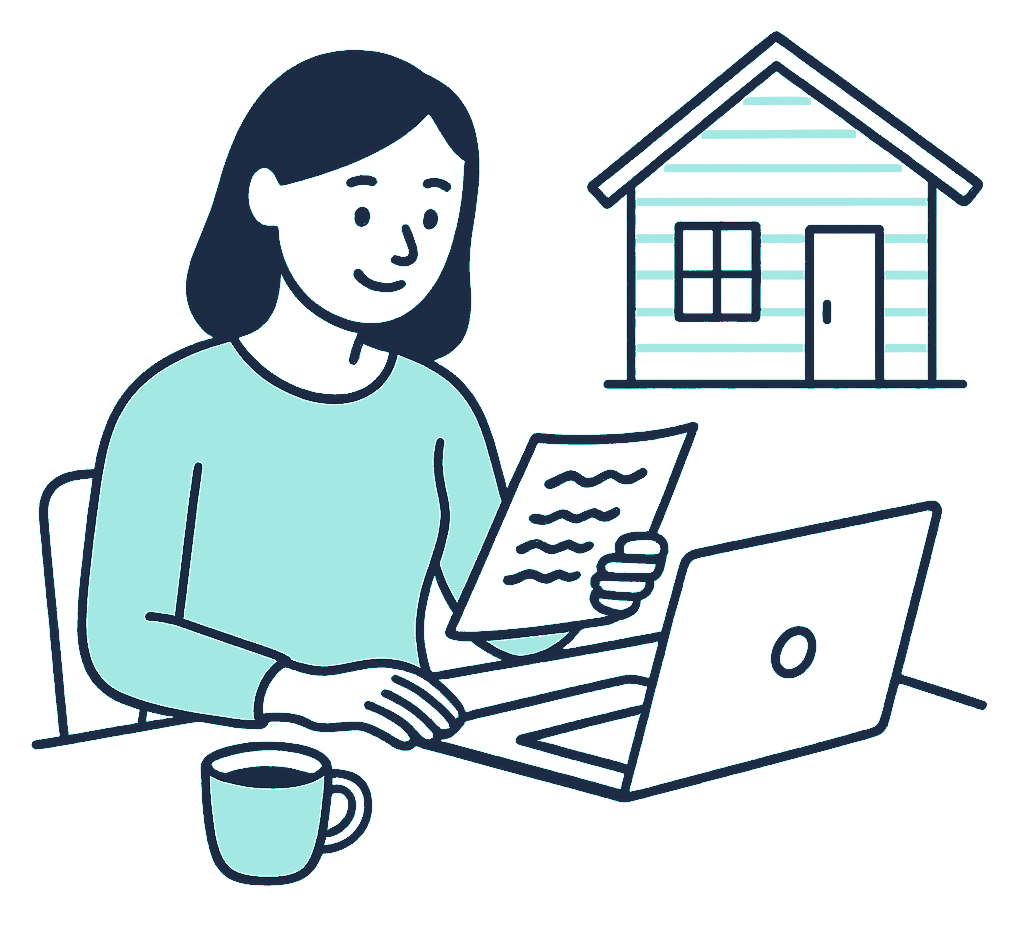 A woman in her early thirties sits at a kitchen table in a Kiwi villa, comparing a printed insurance quote against a laptop screen, a cup of tea going cold beside her