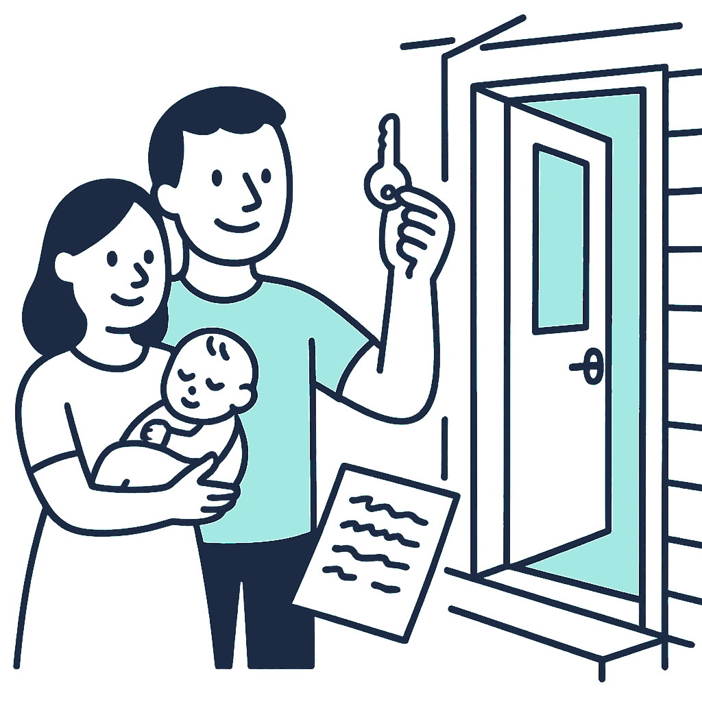 A couple in their mid-thirties stand at the open front door of a new New Zealand weatherboard home, one holding a baby, the other holding up a single house key