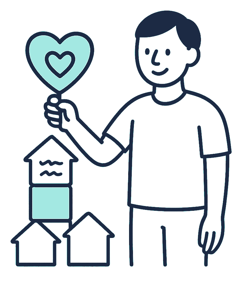A person holds a small heart-shaped shield above a stack of house-shaped building blocks