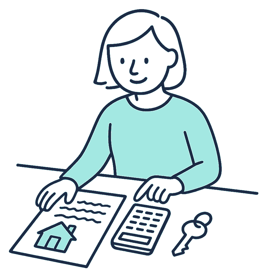 A person at a kitchen table lines up a mortgage statement covered in squiggly scribble lines, a calculator and a house key, working out the cost of cover
