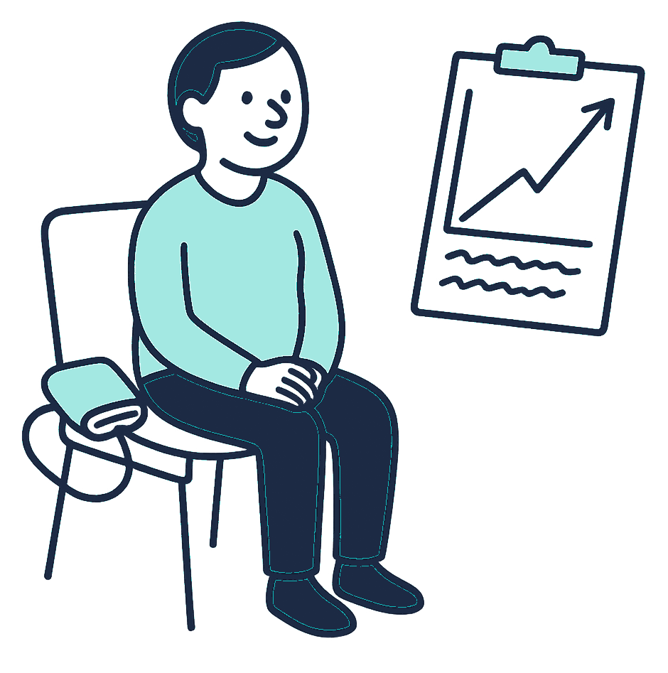 A New Zealander in their fifties sits in a GP waiting room, a blood pressure cuff on the seat beside them and a steeply rising cost graph visible on a clipboard