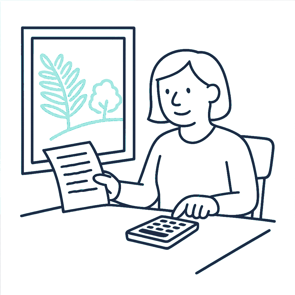 A New Zealander in their mid-fifties sits at a dining table cross-checking a life insurance premium schedule against a calculator, native bush visible through the window behind them