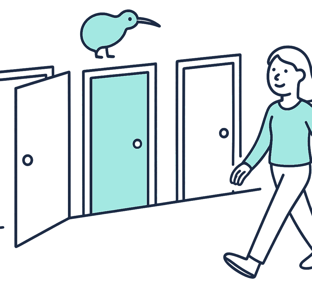 A New Zealander walks past a row of doors along a New Zealand high street, most standing open and one swinging shut behind them, representing the different age limits insurers set on new life insurance applications