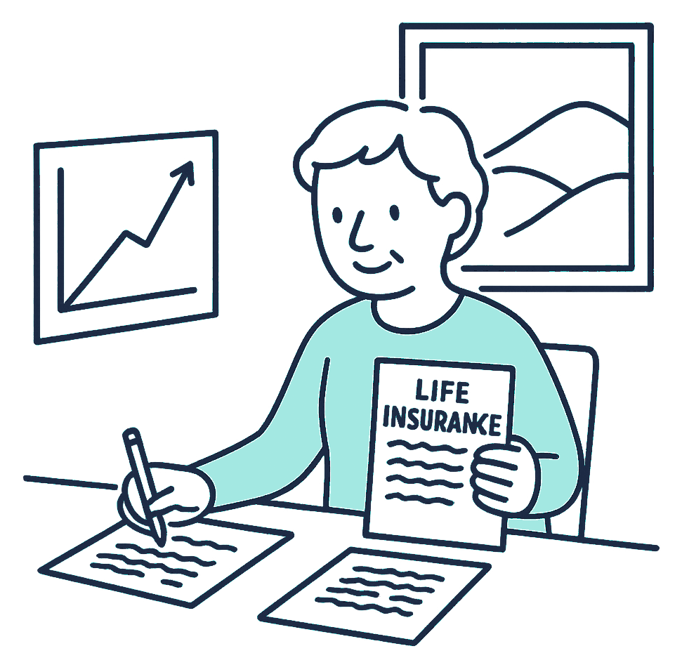 A New Zealander in their early sixties sits at a kitchen table cross-checking a life insurance policy document against a steep, still-climbing cost graph, hills visible through the window behind them