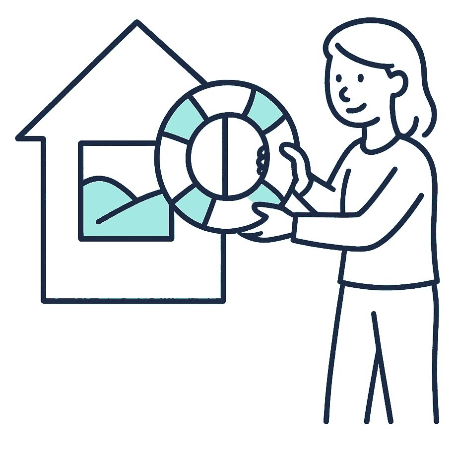 A person holds a lifebuoy ring up against a cardboard house cutout to check whether it is large enough to cover the whole shape, hills visible through the window