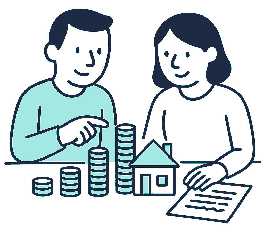 A New Zealand couple at a kitchen table stack three coin towers of rising height beside a small house model, comparing which tower matches the roofline