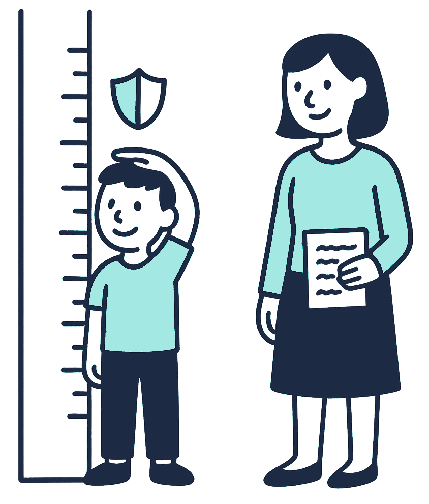A child's height chart is marked in pencil on a doorframe, with a small shield stamped beside the tallest line