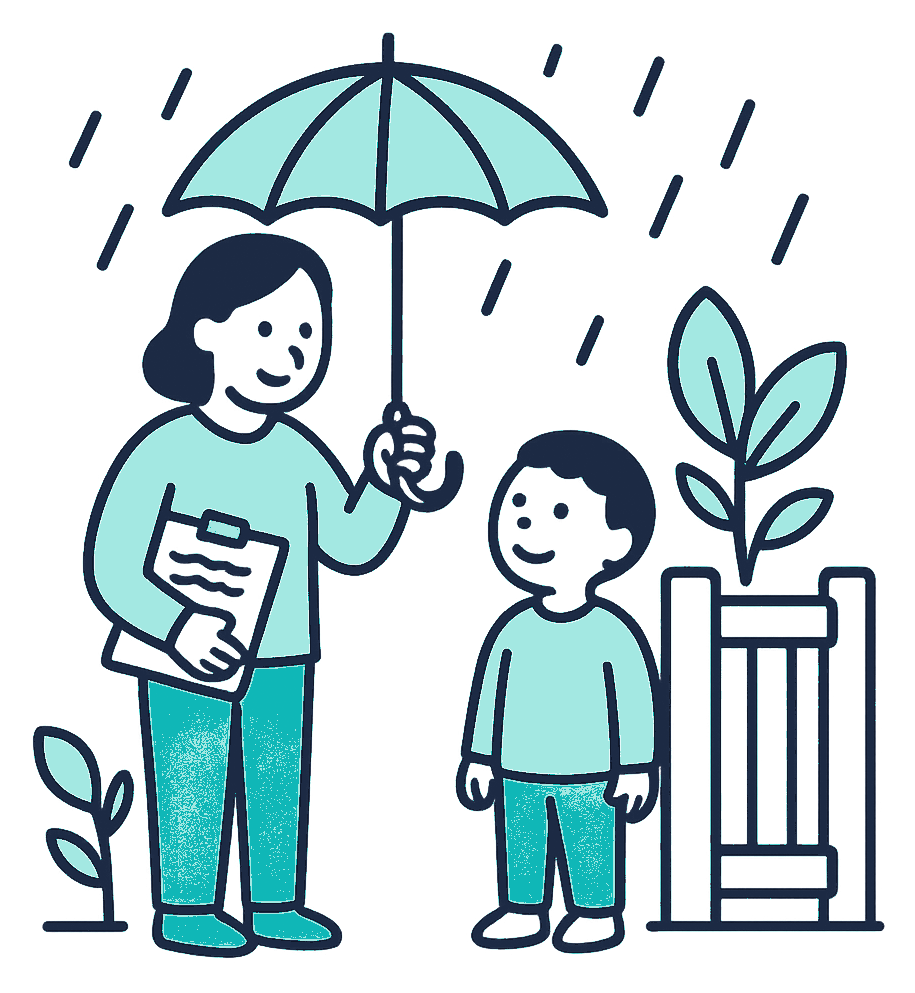 A parent and a young child stand together at a garden gate, the parent holding a small folded umbrella over both of them