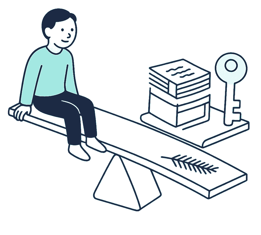 A person balances alone on one end of a wooden see-saw weighed down by a stack of bills and a house key, an empty seat on the other end, a silver fern etched into the plank beneath them