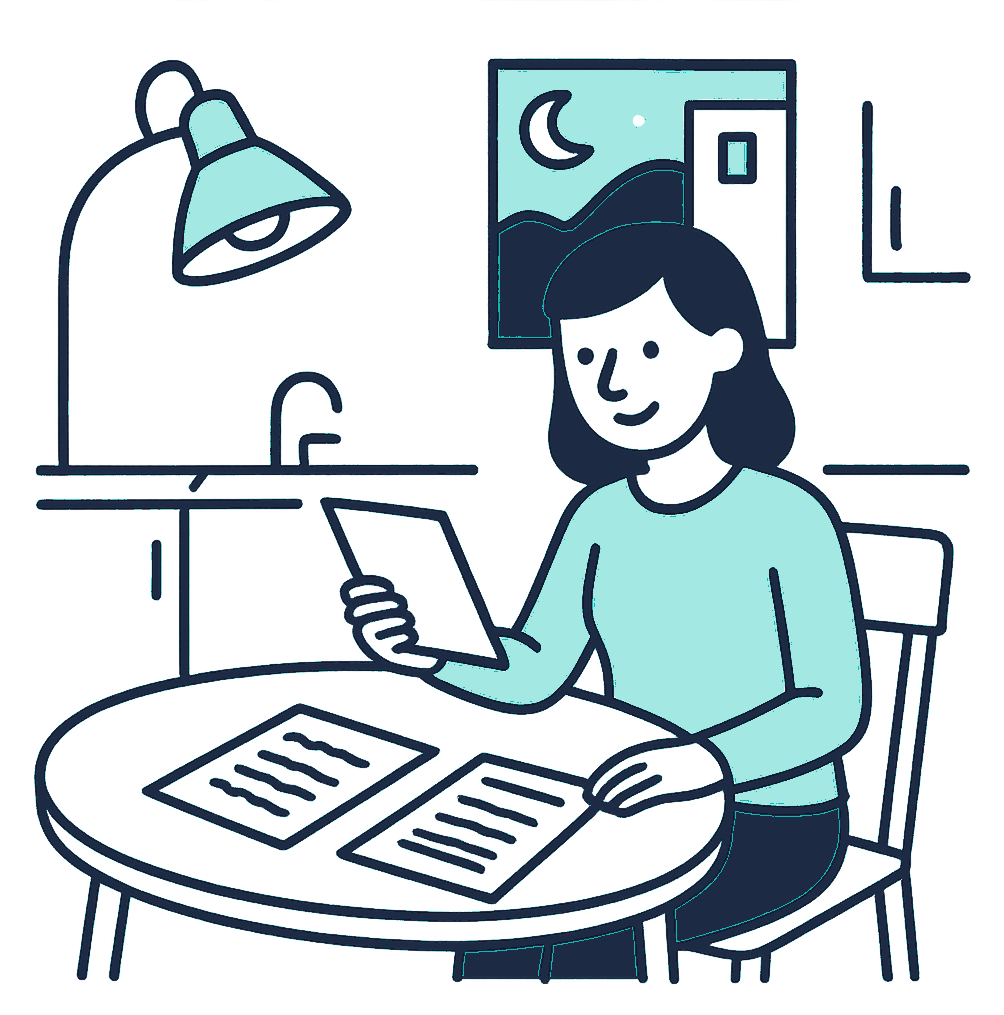 A young professional sits alone at a kitchen table in a New Zealand apartment at dusk, a mortgage statement and a life insurance policy spread out under a single reading lamp