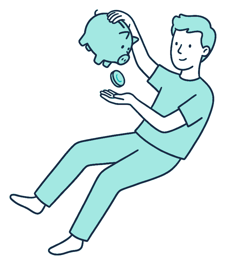 A young man tips a piggy bank upside down over his palm as one coin falls out