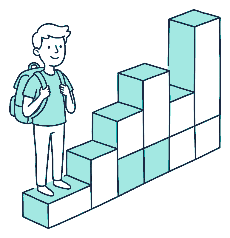 A young person with a backpack stands at the lowest step of a large rising staircase-shaped chart of blocks