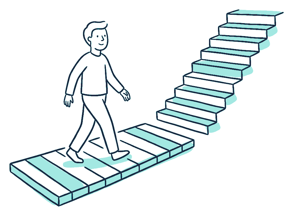 A person walks along a flat plank bridge while a steep flight of steps climbs alongside