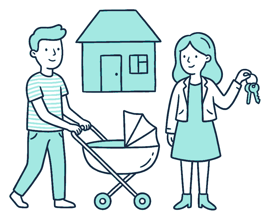 A young couple stand outside a small house, one pushing a pram, the other holding a set of keys