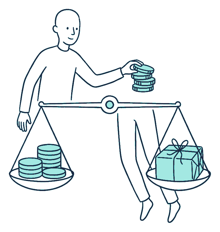 A hand sets a stack of coins on one pan of a balance scale, a wrapped parcel opposite