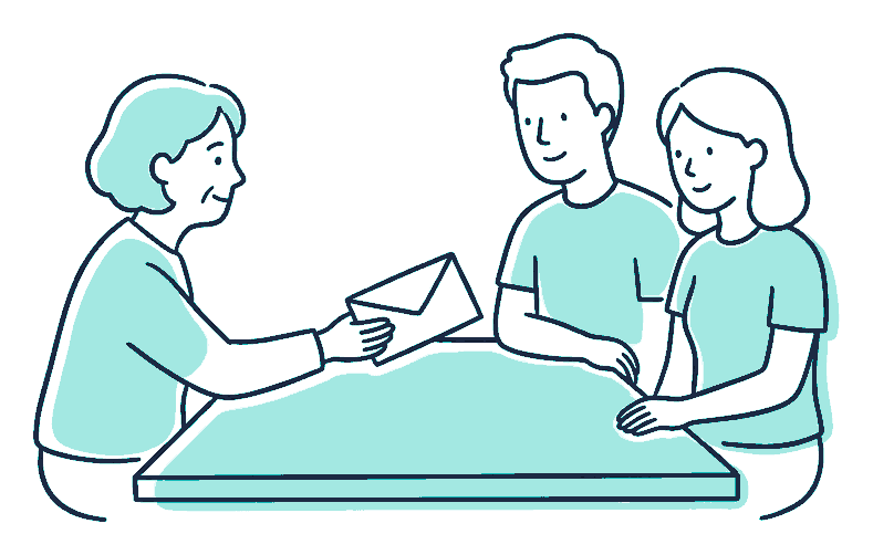 An older person slides a sealed envelope across a kitchen table toward two seated adult children