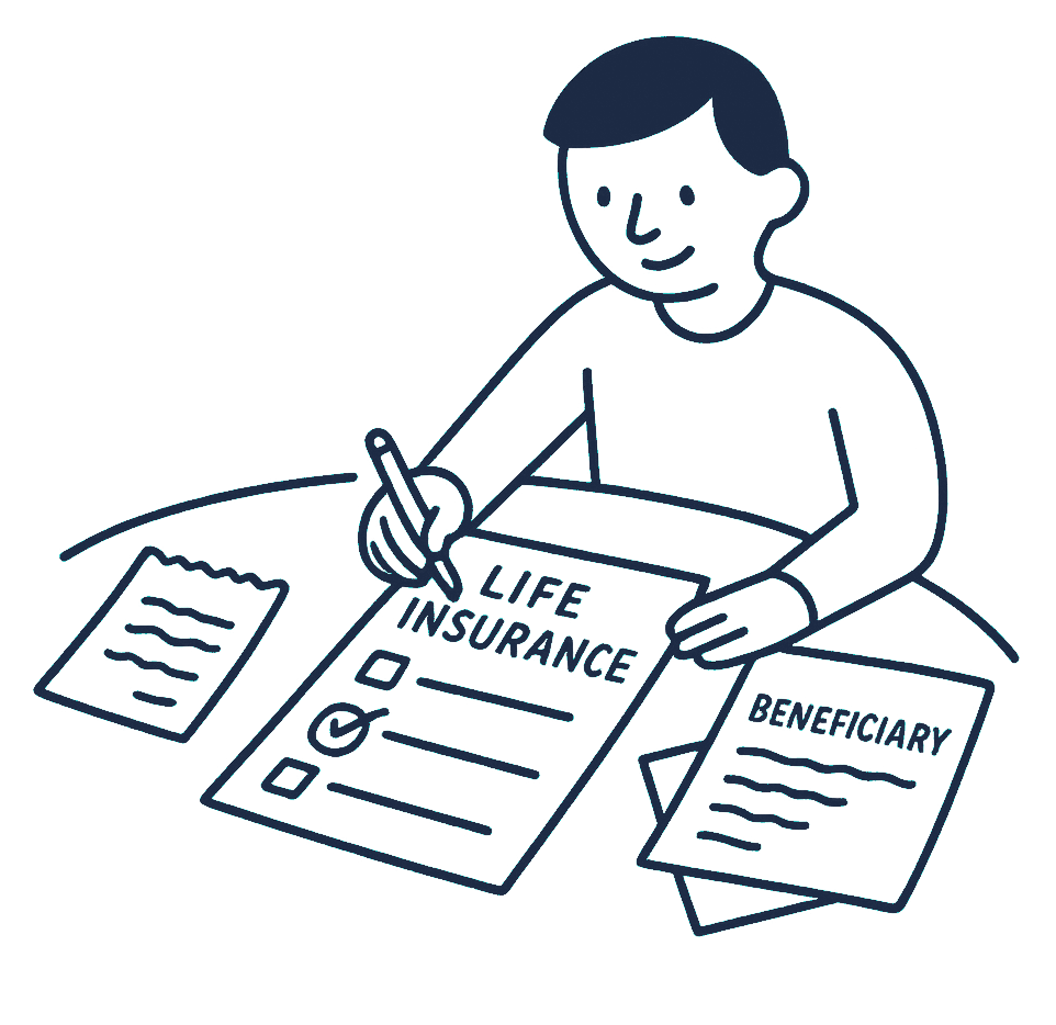 A person at a kitchen table circles a line on a life insurance checklist beside a torn application form and an old letter naming a beneficiary